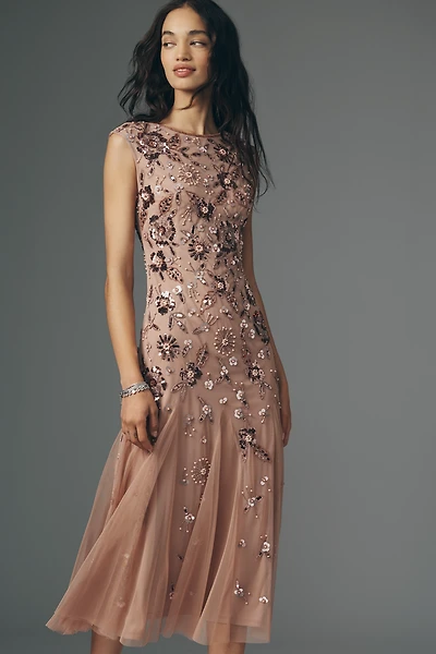 Adrianna Papell Petite Beaded Mesh Sleeveless Midi Dress