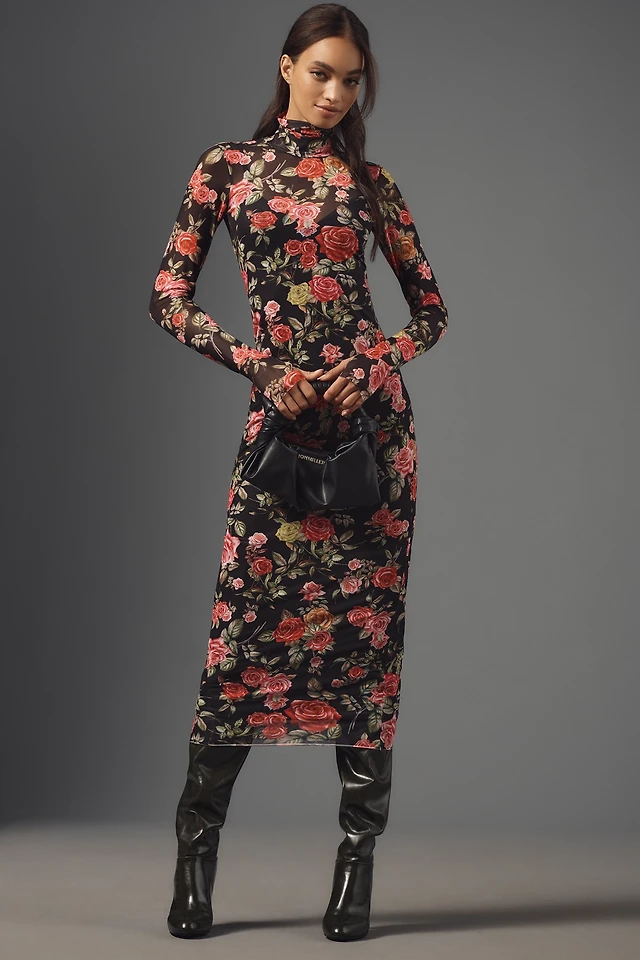 afrm mock-neck long-sleeve printed midi dress AFRM Long-Sleeve Mock-Neck Printed Midi Dress