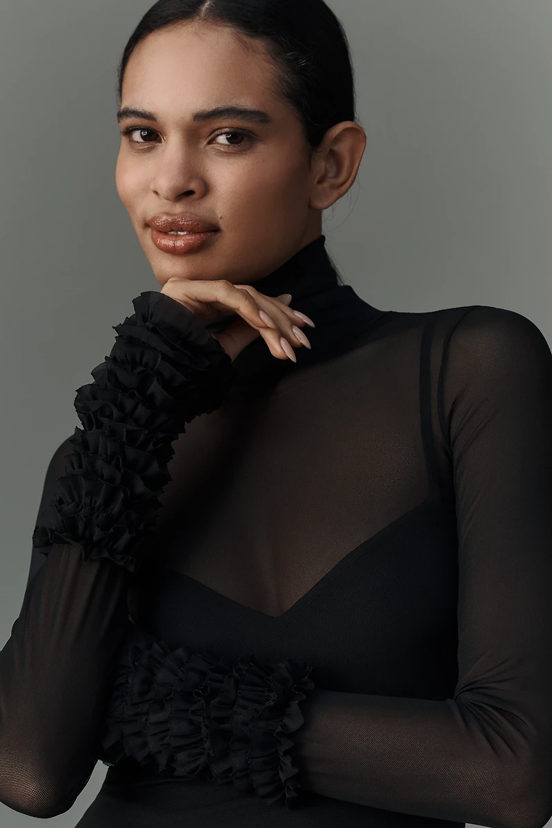 AFRM Ariel Mock-Neck Ruffle-Cuff Mesh Dress