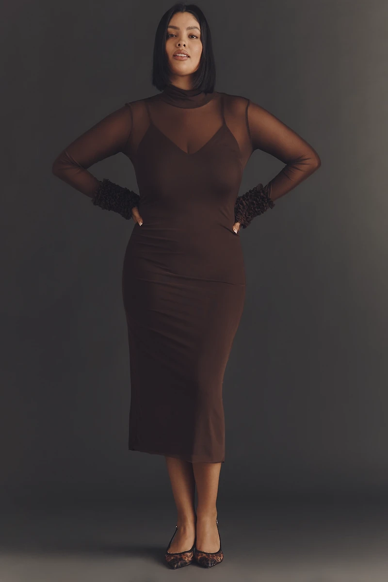 AFRM Ariel Mock-Neck Ruffle-Cuff Mesh Dress