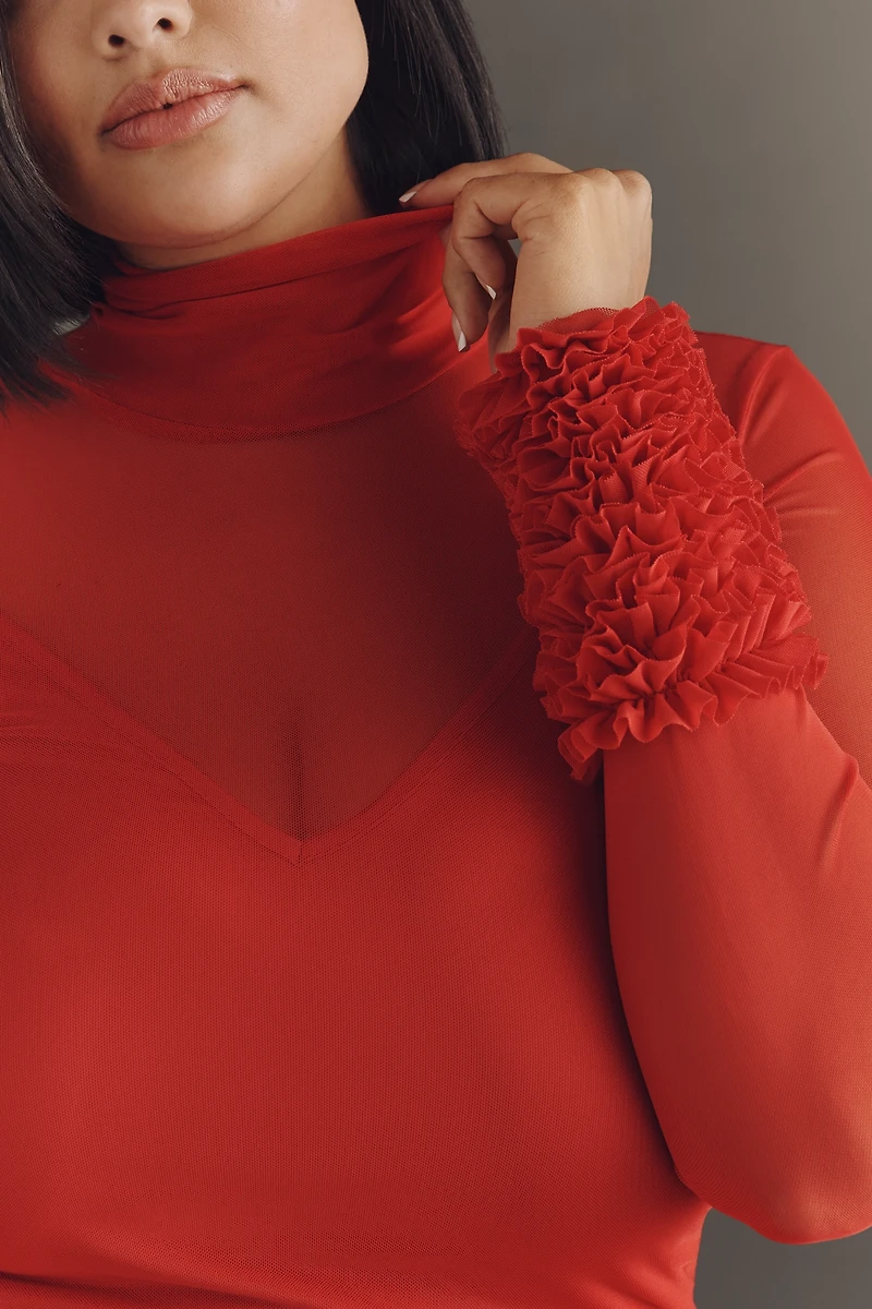 AFRM Ariel Mock-Neck Ruffle-Cuff Mesh Dress