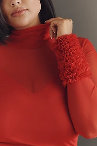 AFRM Ariel Mock-Neck Ruffle-Cuff Mesh Dress