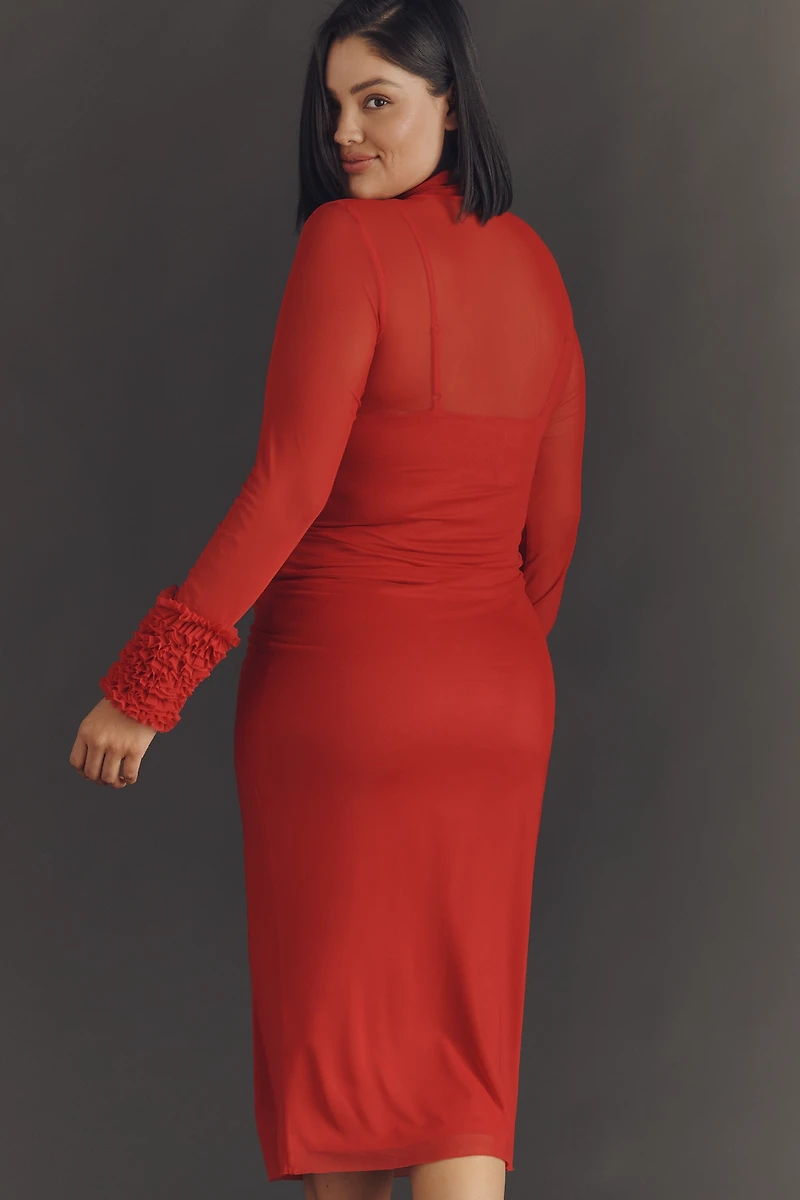 AFRM Ariel Mock-Neck Ruffle-Cuff Mesh Dress