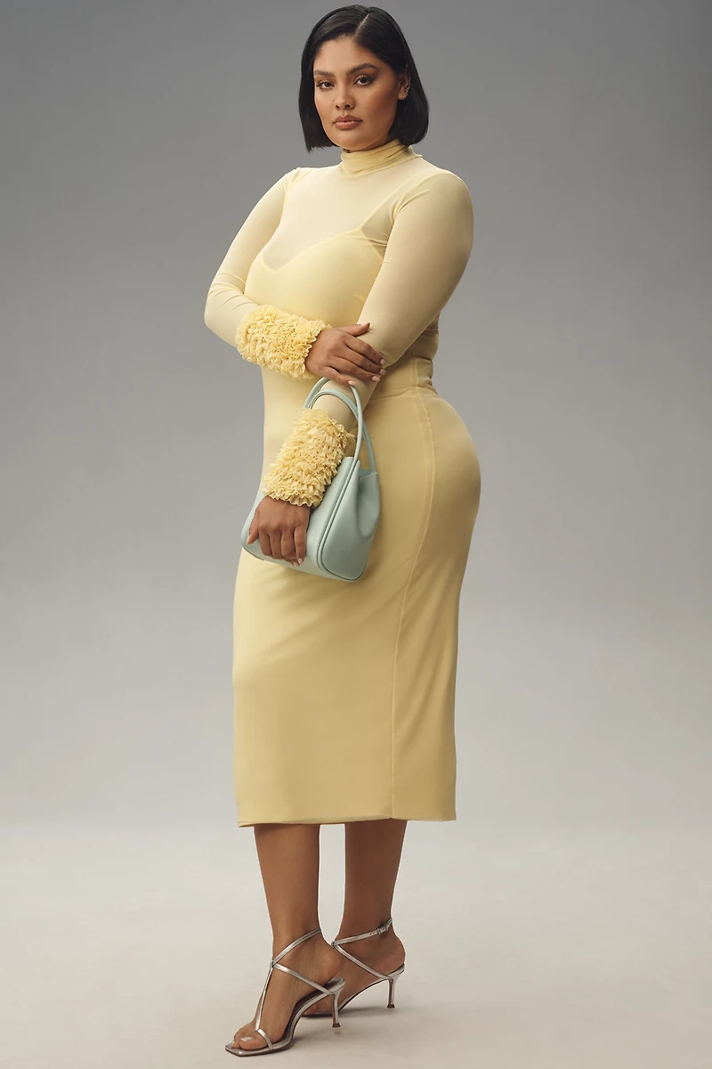 AFRM Ariel Mock-Neck Ruffle-Cuff Mesh Dress