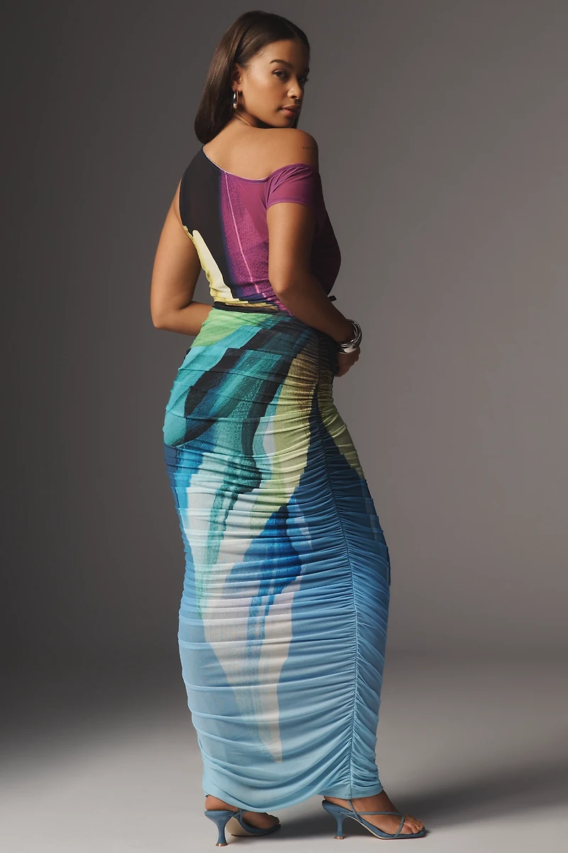 AFRM Plus Off-The-Shoulder Ruched Mesh Maxi Dress