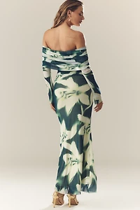 AFRM Polly Off-The-Shoulder Long-Sleeve Mesh Maxi Dress
