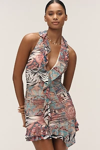 AFRM Odessa Halter V-Neck Ruffled Mini Dress