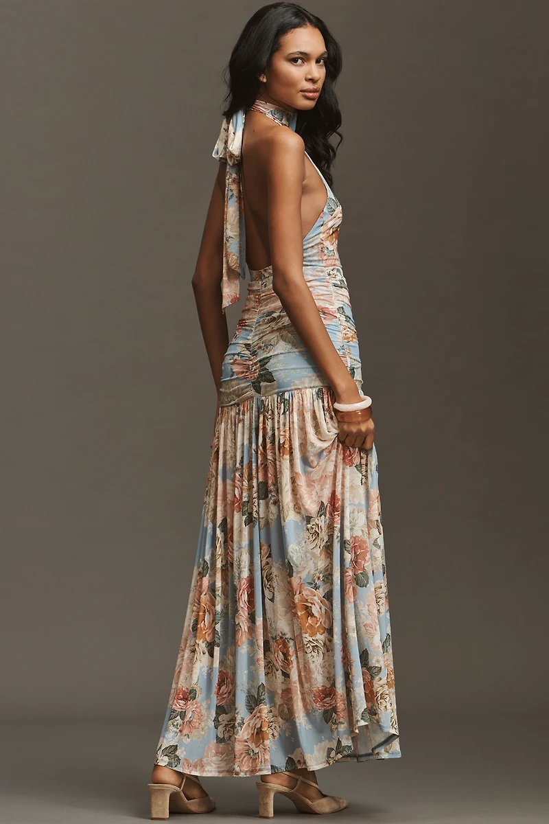AFRM Cromwell Halter Ruched Mesh Maxi Dress