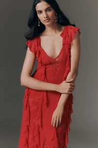 AFRM Trista Ruffle-Sleeve V-Neck Maxi Dress