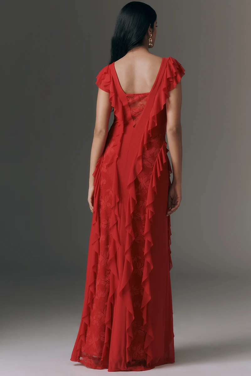 AFRM Trista Ruffle-Sleeve V-Neck Maxi Dress