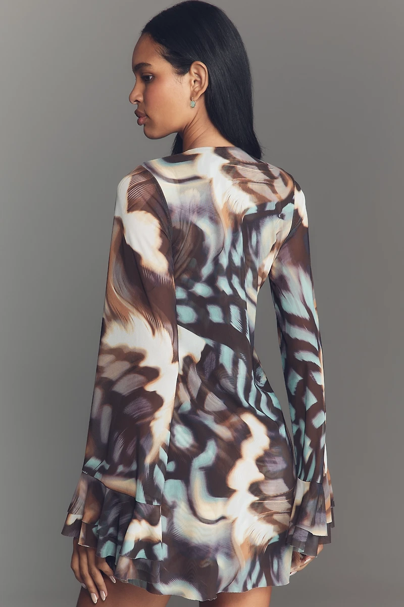 AFRM Kori Long-Sleeve Mesh Ruffled Mini Dress