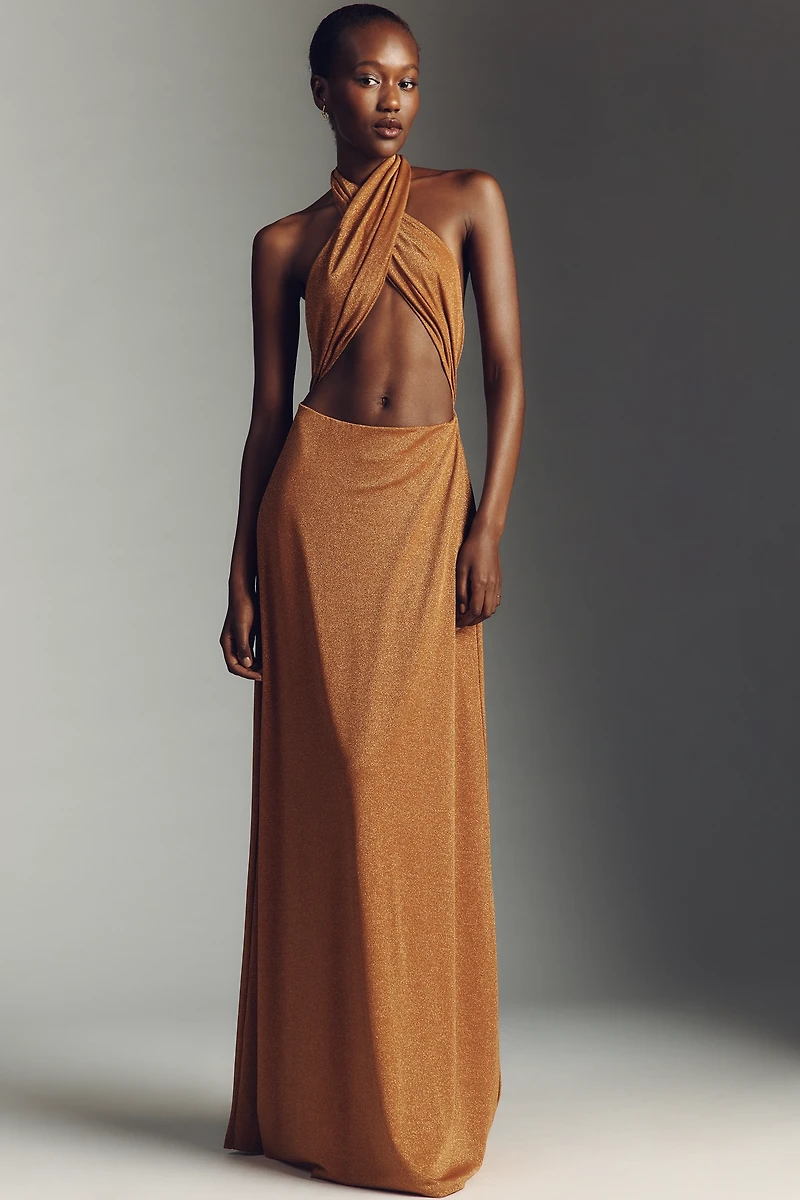AFRM Kendrick Sparkle Cross-Front Halter Maxi Dress