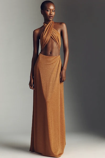 AFRM Kendrick Sparkle Cross-Front Halter Maxi Dress