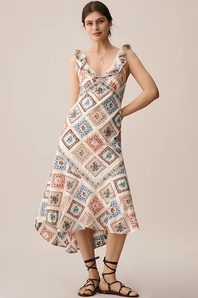 By Anthropologie Sleeveless Ruffled V-Neck Midi Dress