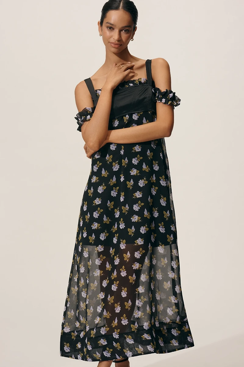 Maeve Square-Neck Sheer Floral Midi Dress