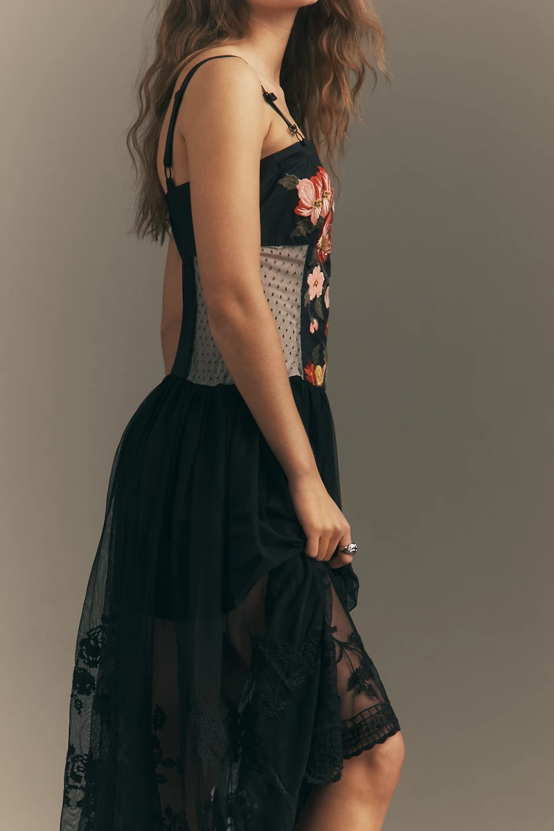 Maeve Sleeveless Corset Twofer Sheer Midi Dress