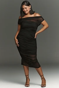Loretta Off-Shoulder Mesh Slim Midi Dress