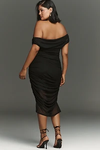 Loretta Off-Shoulder Mesh Slim Midi Dress