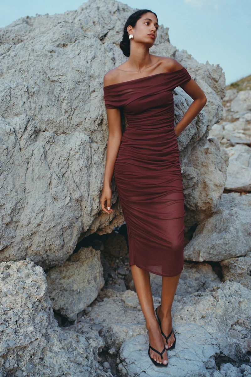 By Anthropologie Off-Shoulder Mesh Slim Midi Dress