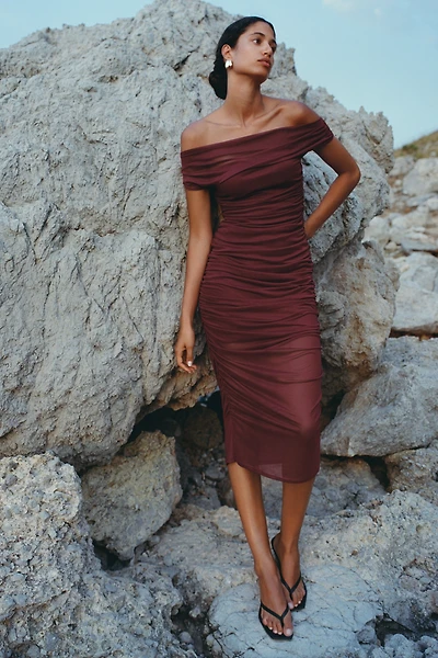 Loretta Off-Shoulder Mesh Slim Midi Dress