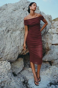 By Anthropologie Off-Shoulder Mesh Slim Midi Dress