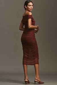 By Anthropologie Off-Shoulder Mesh Slim Midi Dress