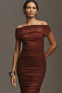 By Anthropologie Off-Shoulder Mesh Slim Midi Dress