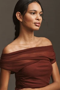 By Anthropologie Off-Shoulder Mesh Slim Midi Dress