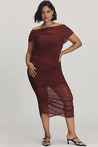 Loretta Off-Shoulder Mesh Slim Midi Dress