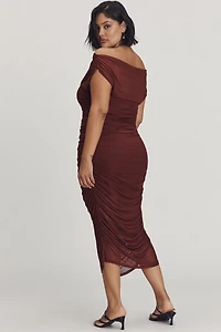 Loretta Off-Shoulder Mesh Slim Midi Dress