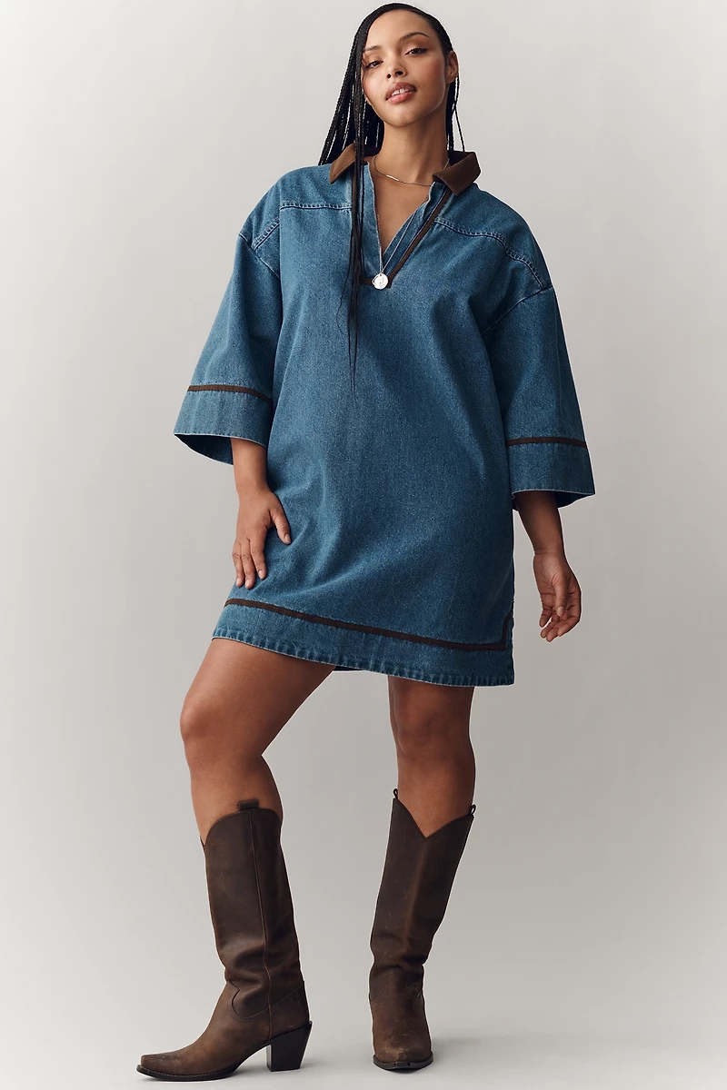 Curaae Rhea Short-Sleeve V-Neck Denim Mini Dress
