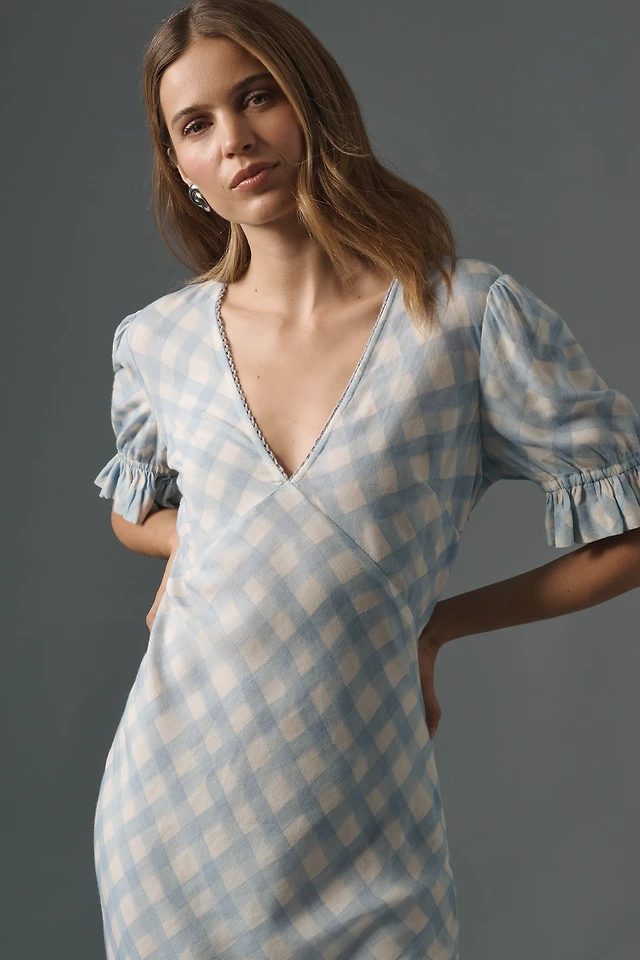 lovaan lorna puff-sleeve v-neck linen-silk maxi dress Lovaan Lorna Puff-Sleeve V-Neck Linen-Silk Maxi Dress at MarketFair Shoppes in Princeton, NJ