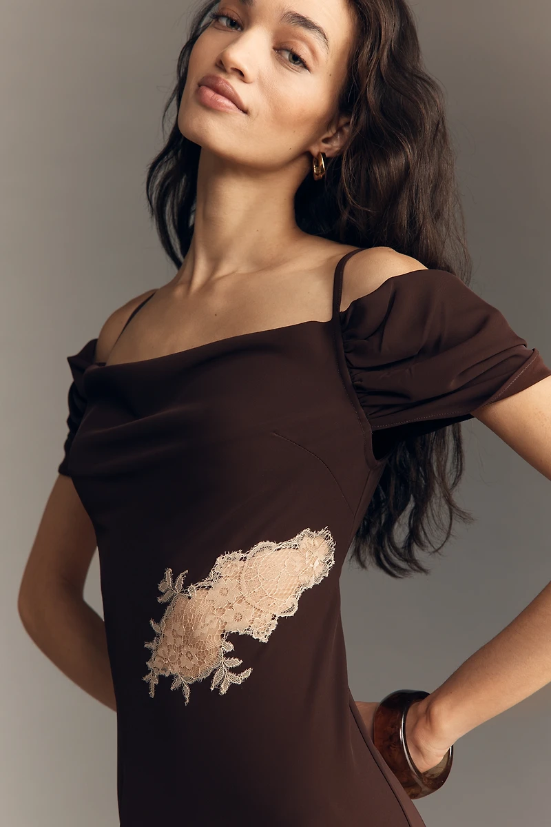 Bl-nk Satin Off-Shoulder Lace Midi Dress