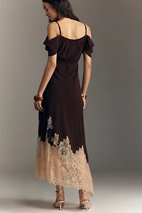 Bl-nk Satin Off-Shoulder Lace Midi Dress
