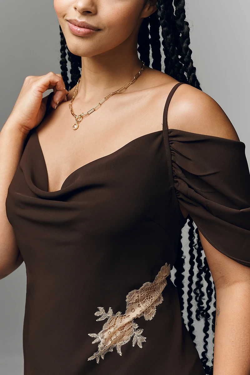 Bl-nk Satin Off-Shoulder Lace Midi Dress