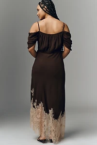 Bl-nk Satin Off-Shoulder Lace Midi Dress