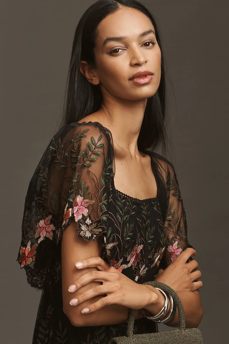 Bl-nk Emryn Embroidered Square-Neck Midi Dress