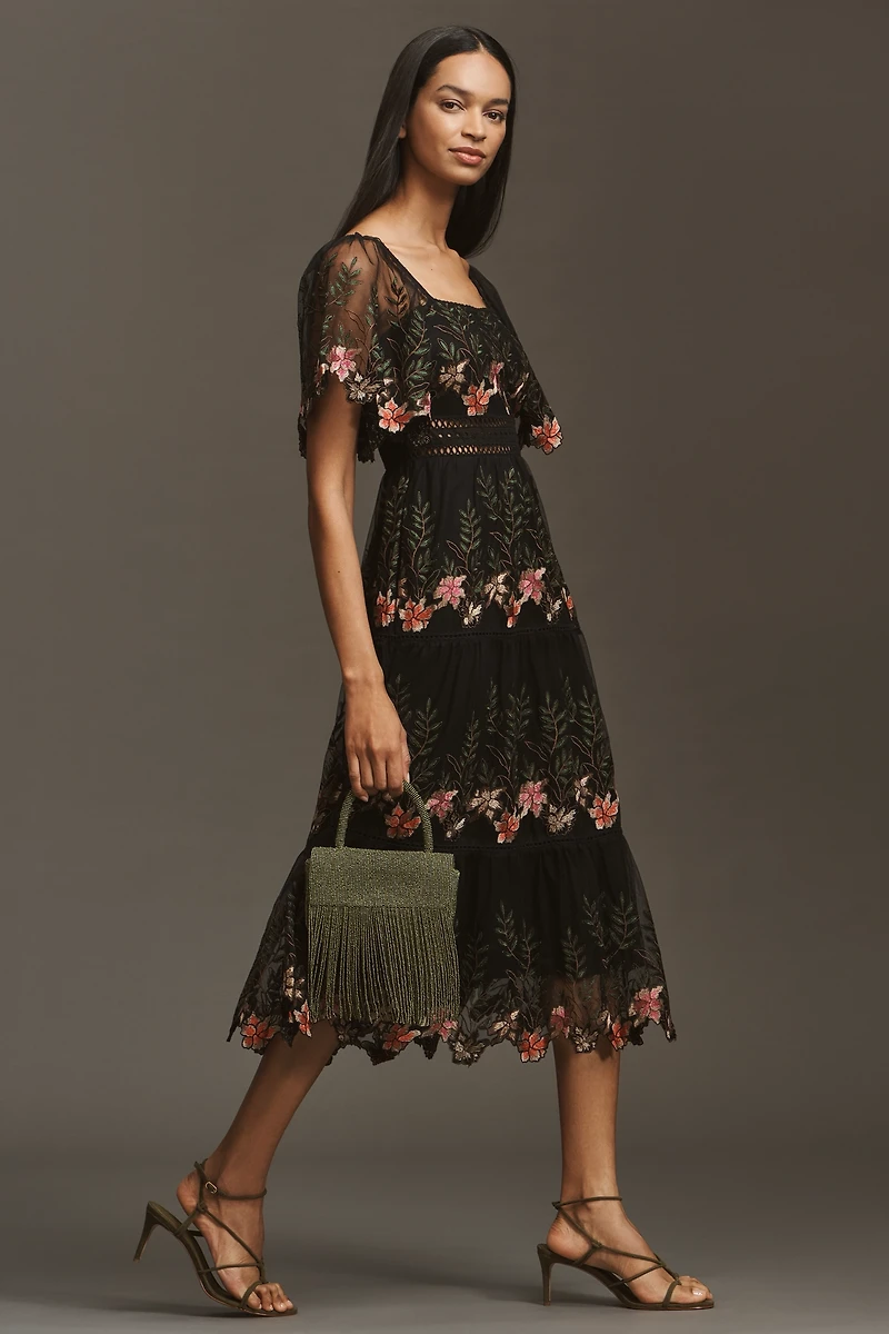 Bl-nk Emryn Embroidered Square-Neck Midi Dress