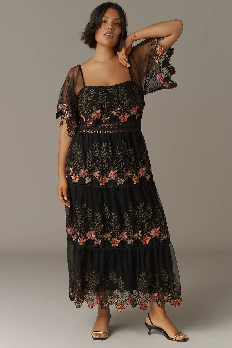 Bl-nk Emryn Embroidered Square-Neck Midi Dress