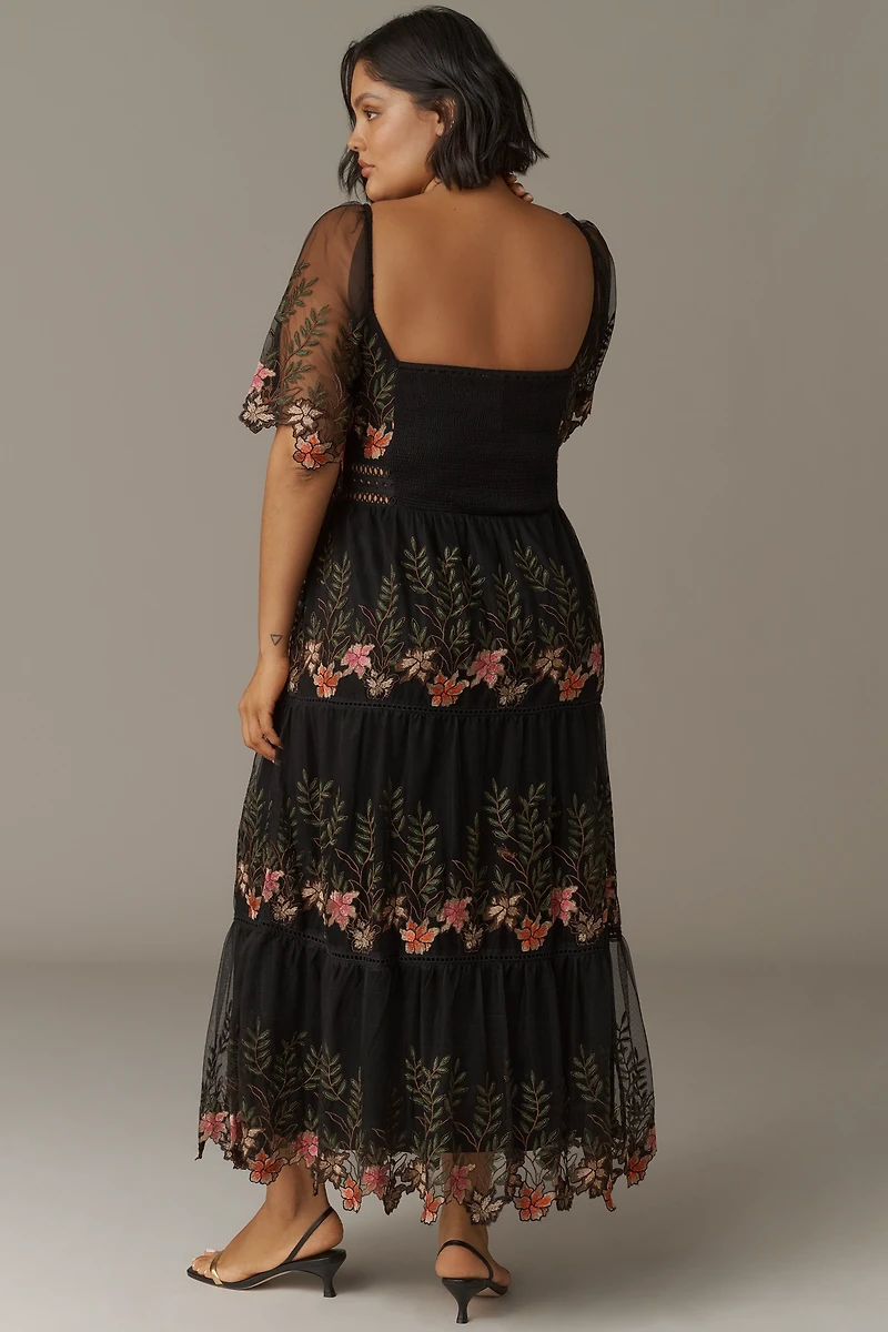 Bl-nk Emryn Embroidered Square-Neck Midi Dress
