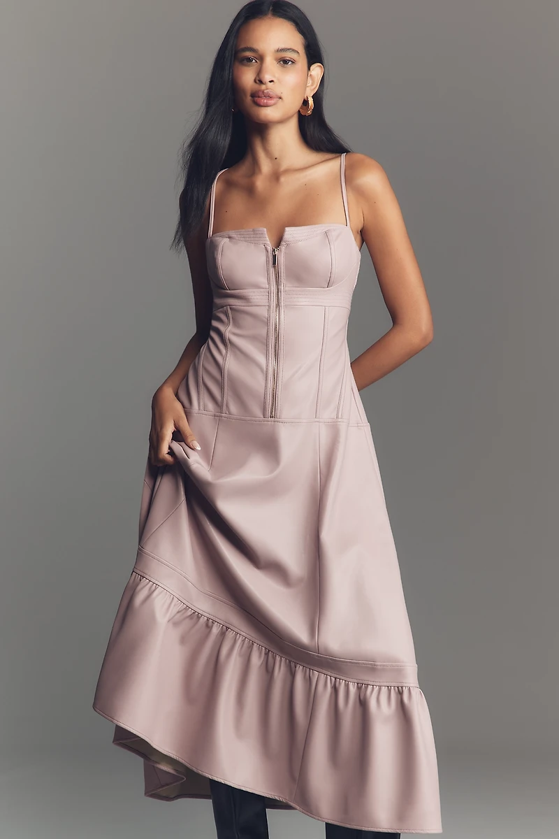 By Anthropologie Faux-Leather Front-Zip Midi Dress
