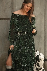 By Anthropologie Smocked Off-Shoulder Velvet Maxi Dress
