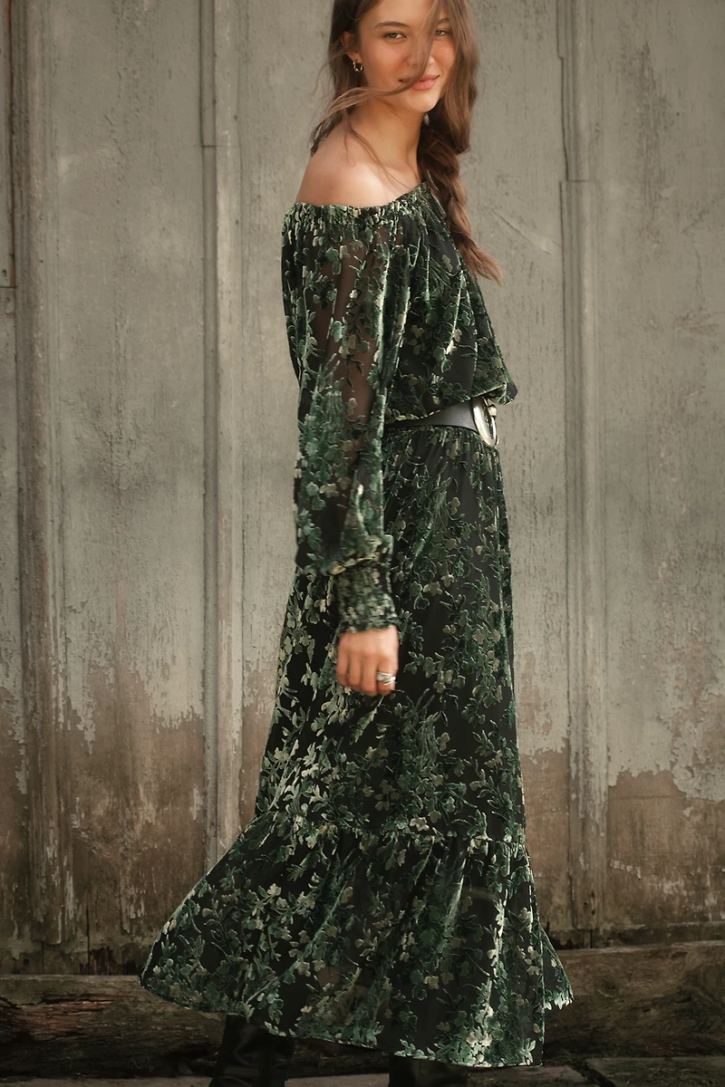 By Anthropologie Smocked Off-Shoulder Velvet Maxi Dress