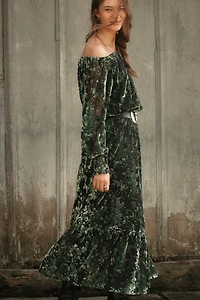 By Anthropologie Smocked Off-Shoulder Velvet Maxi Dress