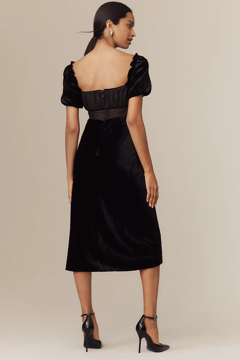 By Anthropologie Puff-Sleeve Mesh Velvet Midi Dress