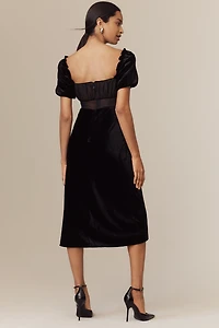 By Anthropologie Puff-Sleeve Mesh Velvet Midi Dress