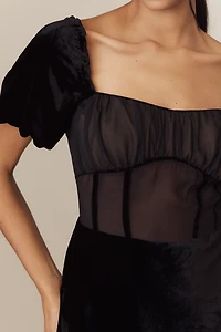 By Anthropologie Puff-Sleeve Mesh Velvet Midi Dress