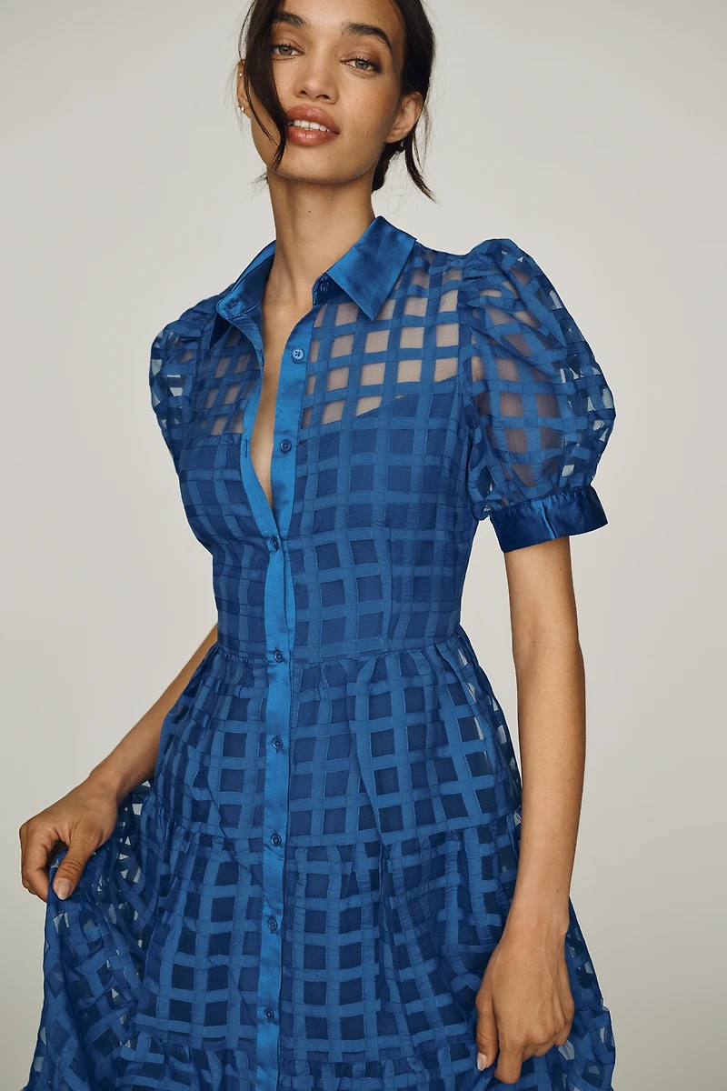 English Factory Organza Short-Sleeve Button-Front Midi Dress