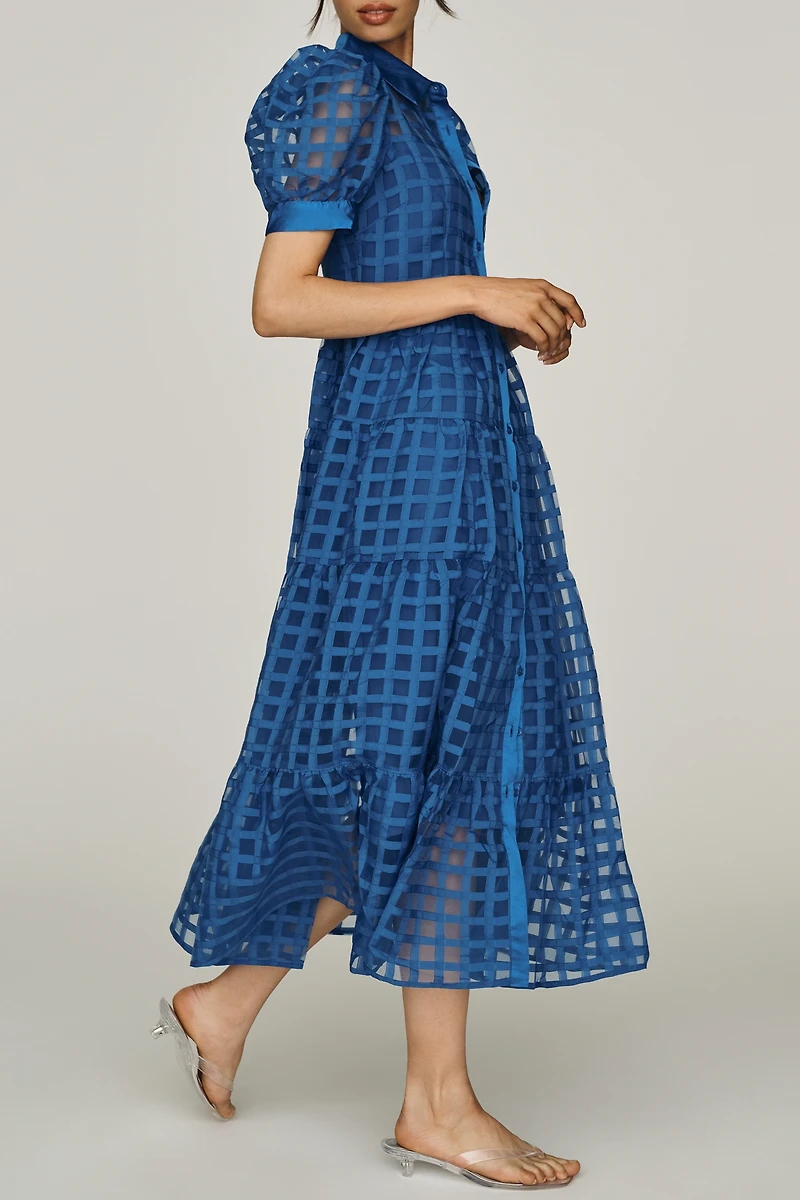 English Factory Organza Short-Sleeve Button-Front Midi Dress