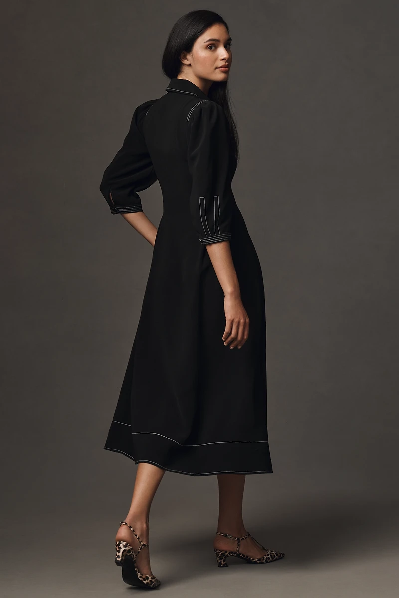 English Factory Long-Sleeve Collared Center-Pleat A-Line Midi Dress